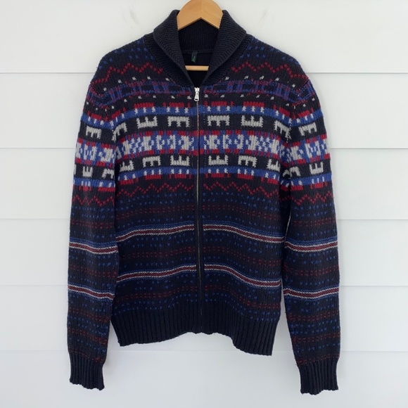 Vintage 100% Wool Nordic Style Knit Zip Up Sweater XL - Picture 1 of 11